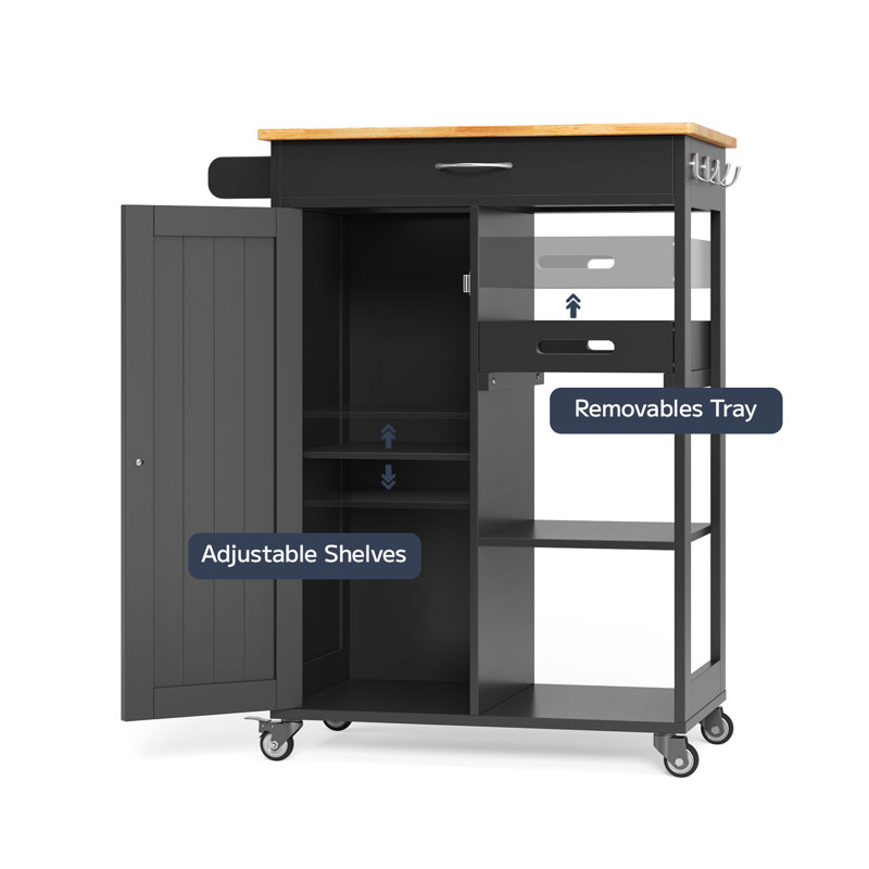 Solid Wood Top Kitchen Island Cart with Wheels, Drawers, Storage Cabinet, Towel Rack & Hooks, Black