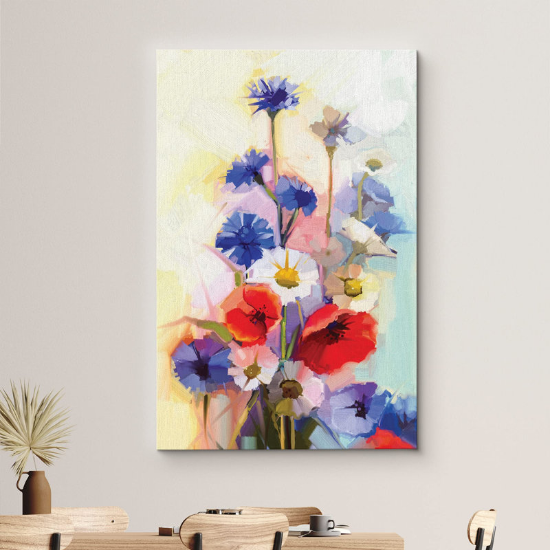 Aquarelle, marguerites mauves, blanches et rouges, illustrations botaniques florales, art moderne, plantes rustiques