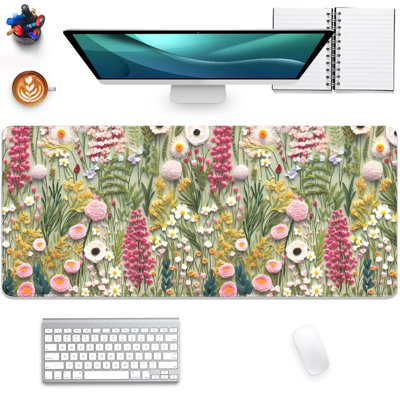 Embroidered Flower Wildflower Embroidery Pattern Mouse Pad Desk Pad,Stitched Edges Non-Slip Waterproof Rubber Base Mous Mat for Office,Computer,Keyboard,Laptop and Home Desk Pad, 11.8 x 27.6 inComes with a pure white mug as a gift