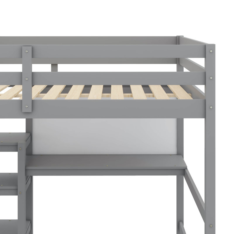 Lit mezzanine en bois intégré avec bureau, espace d'écriture, tablettes de rangement et rails de protection, Gris