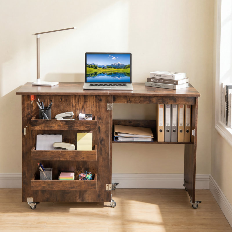 116cm x 40cm Foldable Sewing Table with Sewing Machine Platform and Wheels, Brown