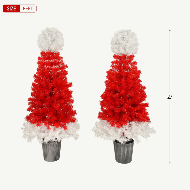 Lighted Santa Hat Style Christmas Tree Set of 2, 4ft Artificial Tree with Warm White Lights, Christmas Tree for Decoration Inside and Outside