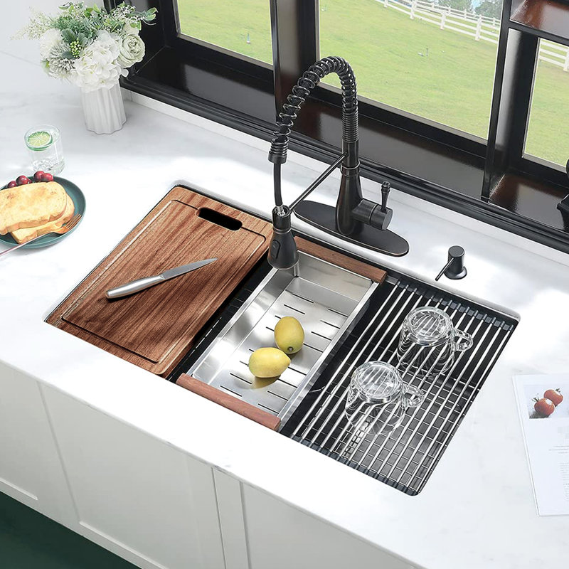 32" L X 19" W Workstation Undermount Kitchen Sink, Stainless Steel, Scratch And Stain , Deep Basins, Condensation Noise Reduction, Groove For Drainage Sink 32", Sound Dampening, With Sliding Track,