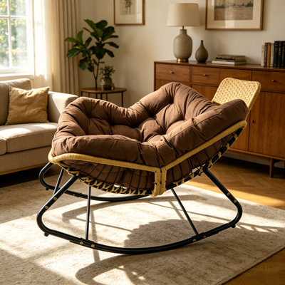 Chaise berçante surdimensionnée Papasan avec coussin épais et coussin en rotin, idéale pour la détente intérieure et extérieure