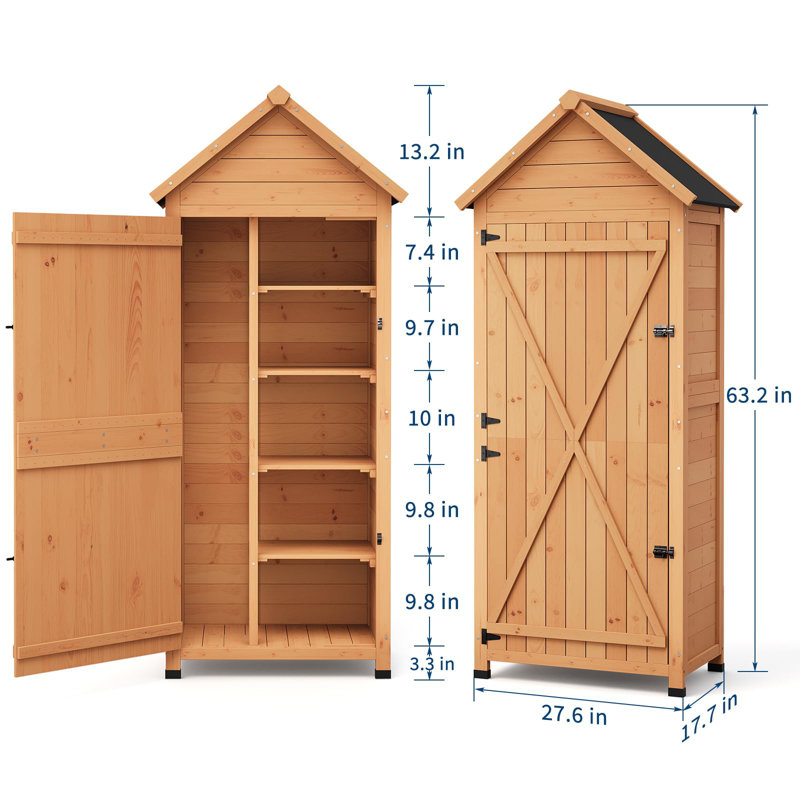 Wood Shed Waterproof, Tall Vertical Outdoor Storage Cabinet with 4 Shelves & Lockable Door, Space-Saving Garden Tool Shed for Patio, Yard, Lawn, Garden