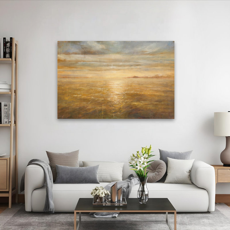 Bord de mer et mer sereine dorée I art doré, H 40 po x l 60 po