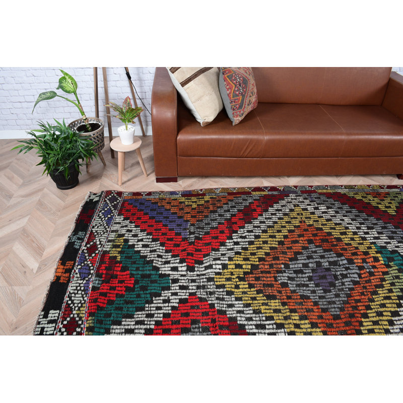 Handmade Vintage Turkish Area Rug with Colorful Geometric Pattern for Unique Bohemian Home or Living Room Decor