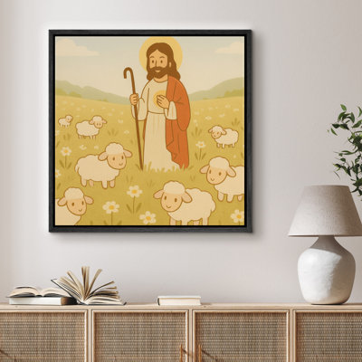«Jesus the Good Shepherd with Lambs in Peaceful Meadow Christian Art», reproduction d'art sur toile encadrée