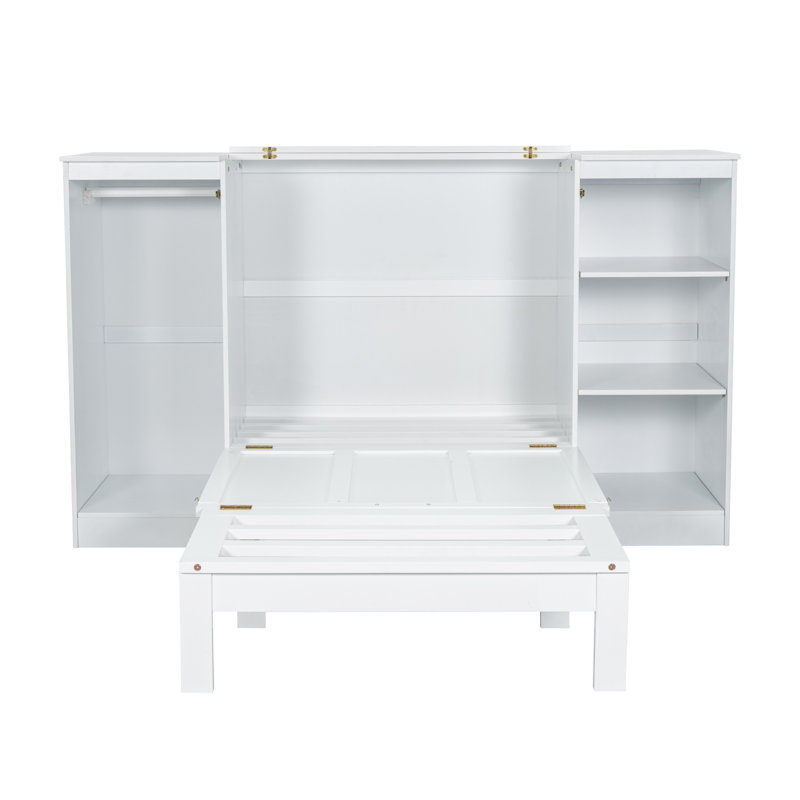 Twin Size Murphy Bed with Bedside Shelves and Wardrobe, Space-Saving Wall Bed with Storage, White Finish