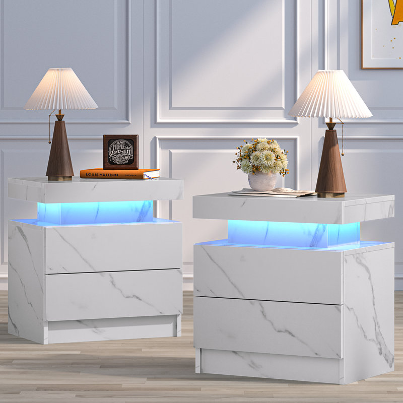 20'' W Particle Board / Chipboard Nightstand, White Marble, Set of 2