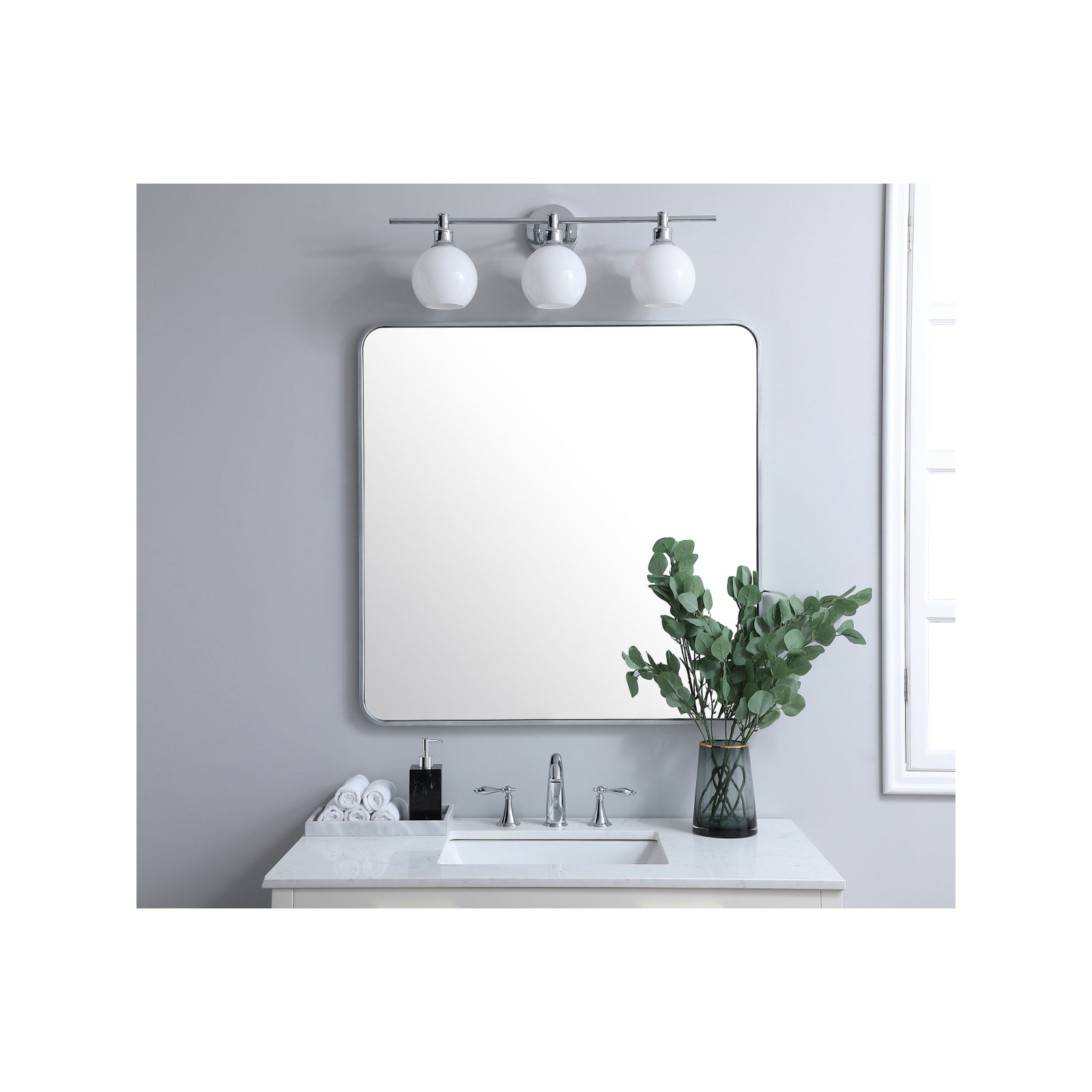 Sabine Metal Rounded Rectangle Wall Mirror, Silver, 36" x 36"