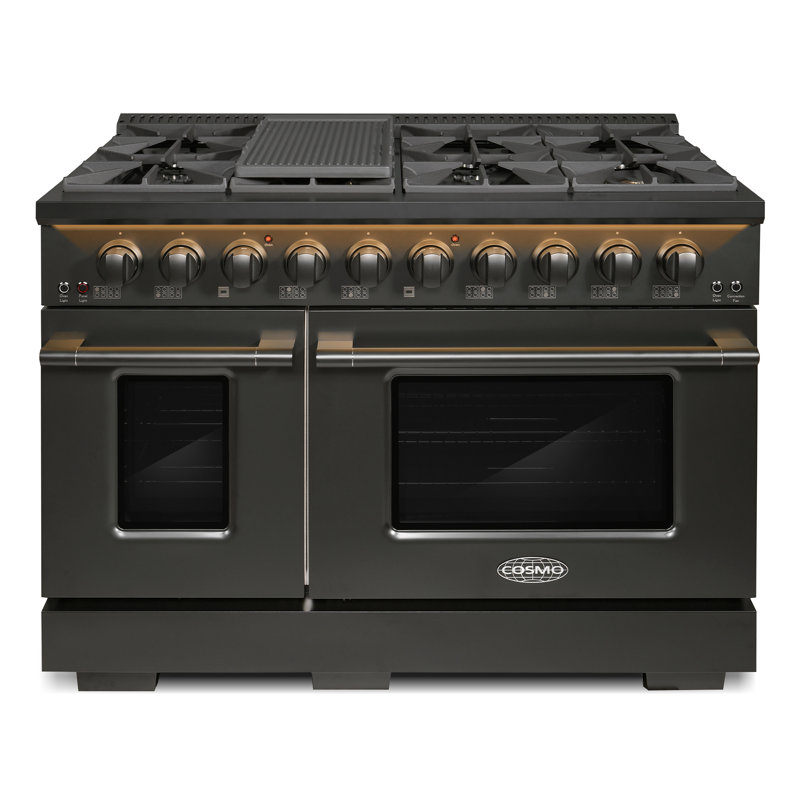 Cosmo 48 po. Collection Vista de 6,6 pi³ Cuisinière à gaz double four, 8 brûleurs, panneau DEL, grilles en fonte, noir mat