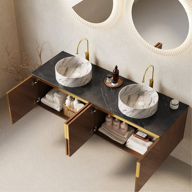 Meuble-lavabo 60 po, meuble-lavabo mural en contreplaqué avec 4 portes, 2 lavabos ronds blancs en céramique avec motif en pierre et comptoir en pierre frittée noire, couleur grain de bois chêne brun