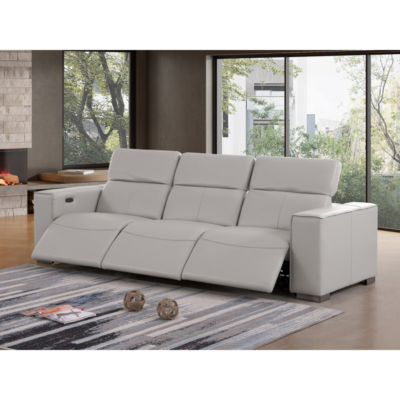 Luxurious Genuine Leather Power Reclining Sofa With Three Recliners And Power Headrests, Light Gray