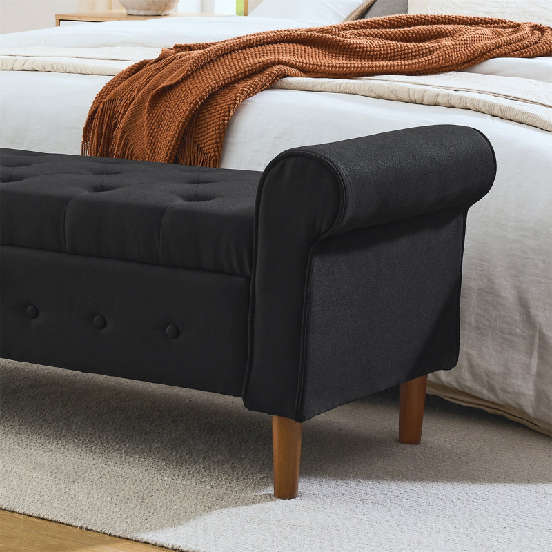 Tufted Button Storage Bench, Fabric Upholstered Ottoman, Window Bench, Rolled Arm Design