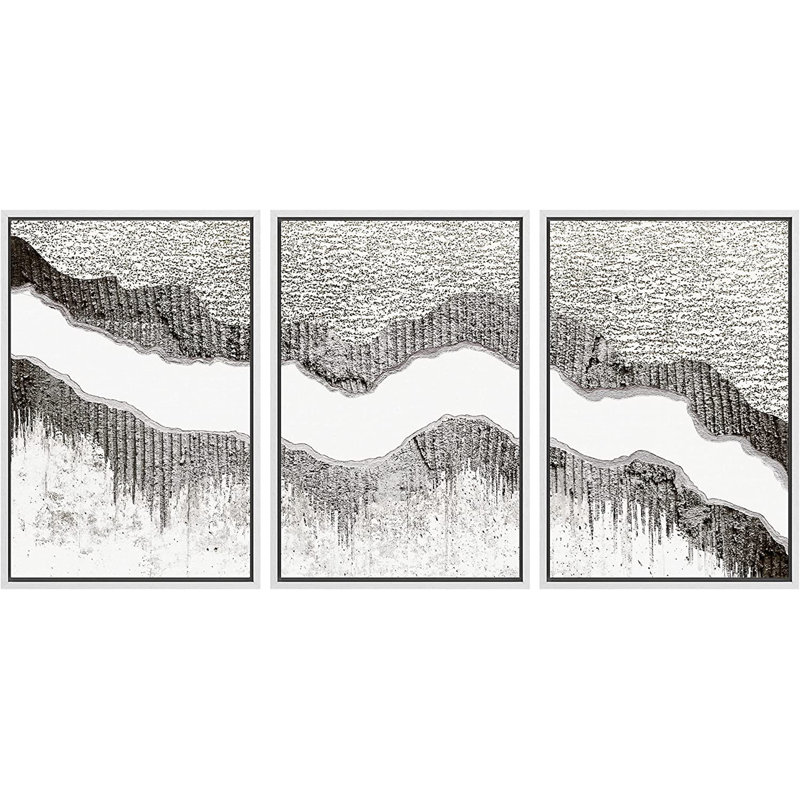 «Geometric Line Paint Stroke Collage Abstract Shapes Illustration», ensemble de 3 peintures sur cadre flottant, Blanc