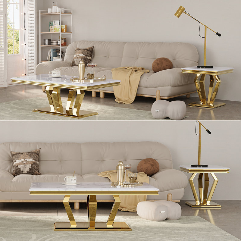 Modern White Marble Coffee Table Set with Gold Diamond-Shaped Base