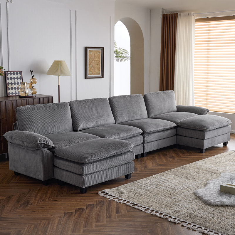 Latitude Run® 4-Seat Sectionals With 2 Ottoman, Gray Corduroy