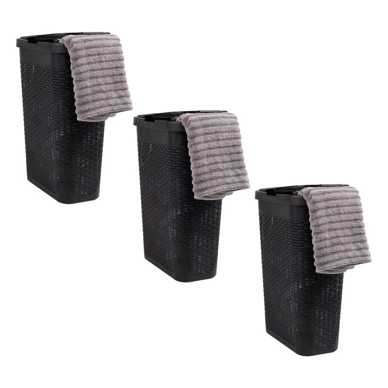  Panier à linge mince 40 L, panier à linge, couvercle, design en osier, plastique, ensemble de 3, Noir