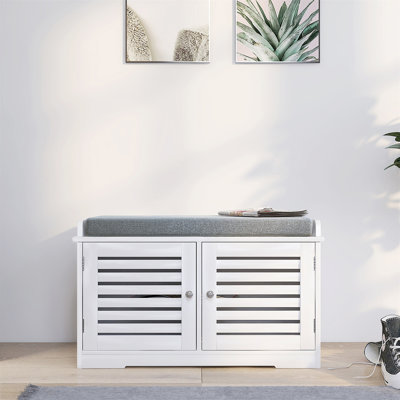 Banc de rangement pour chaussures avec coussin de siège rembourré et 2 portes de grange - Banc d'entrée blanc