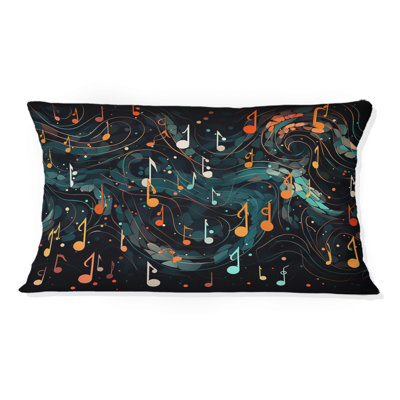 Vagues de notes de musique rétro orange et bleu III - Coussin décoratif imprimé de musique