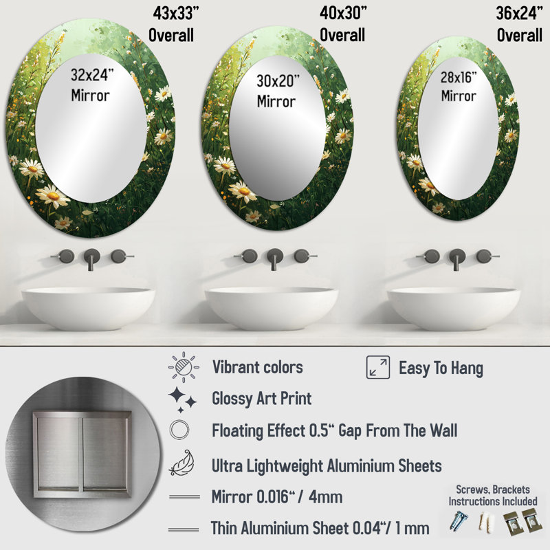 White Country Daisies Dream - White Modern Oval Wall Mirror, 43" x 33"