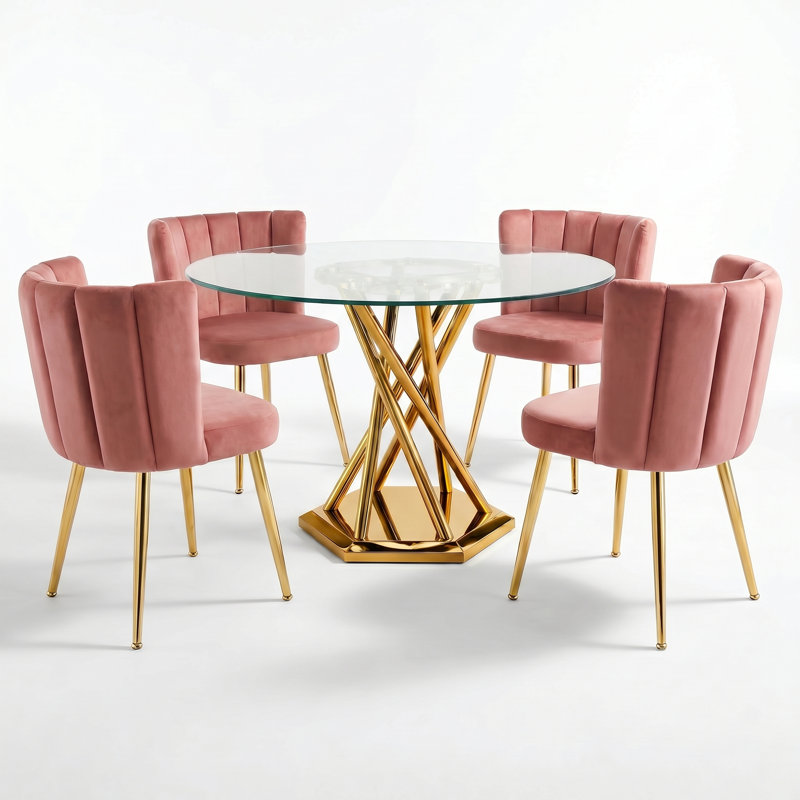 47.2" Round Glass Dining Table Set For 4, Modern Dining Set With Tempered Glass Kitchen Table & 4 Velvet Upholstered Chairs For Kitchen, Dining Room, Apartment
