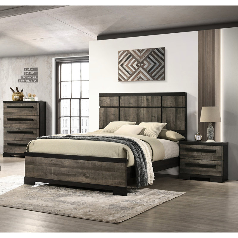 Table de chevet 2 en bois massif pour la chambre à coucher - Finition rustique gris-brun