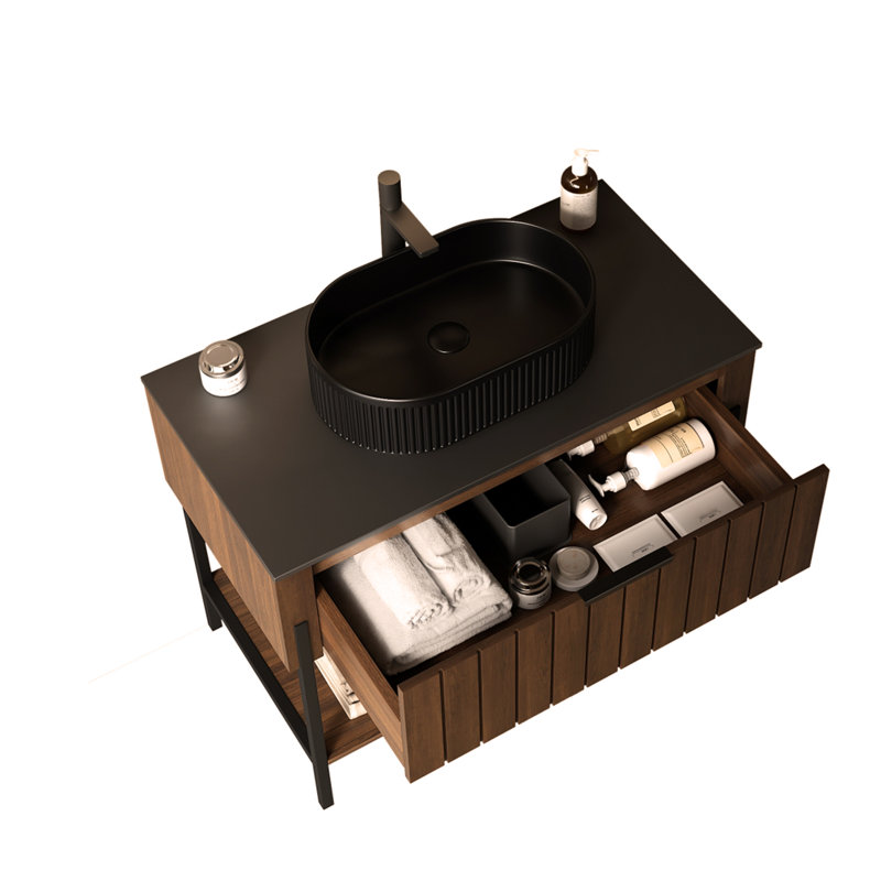Meuble-lavabo autoportant à rayures 36 po avec tiroir et structure de support en métal 36 po