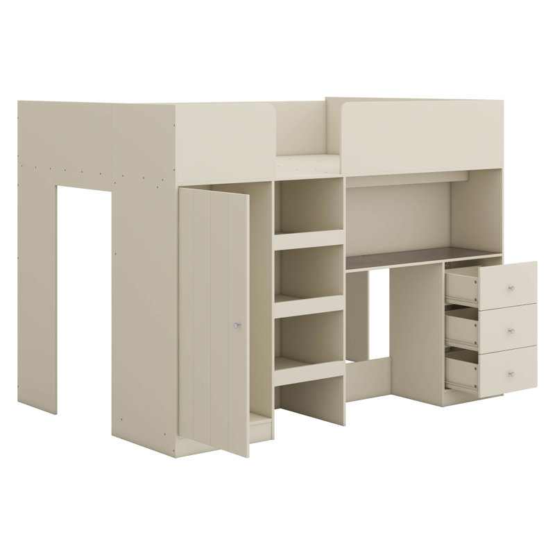 Lit mezzanine double avec tablettes et tiroirs, cadre de lit mezzanine en bois avec bureau et garde-robe intégré, Beige