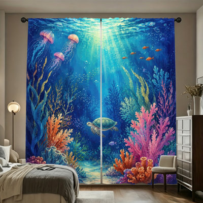 2 Panels Marine Undersea World Style Decor Light Filtering Curtains with Coral Reef Jellyfish Turtle Fish Pattern, Spring Refresh Decor, Easy Hang Rod Pocket Design, All-Season Curtains for Home Living Room Bedroom Study Decoration