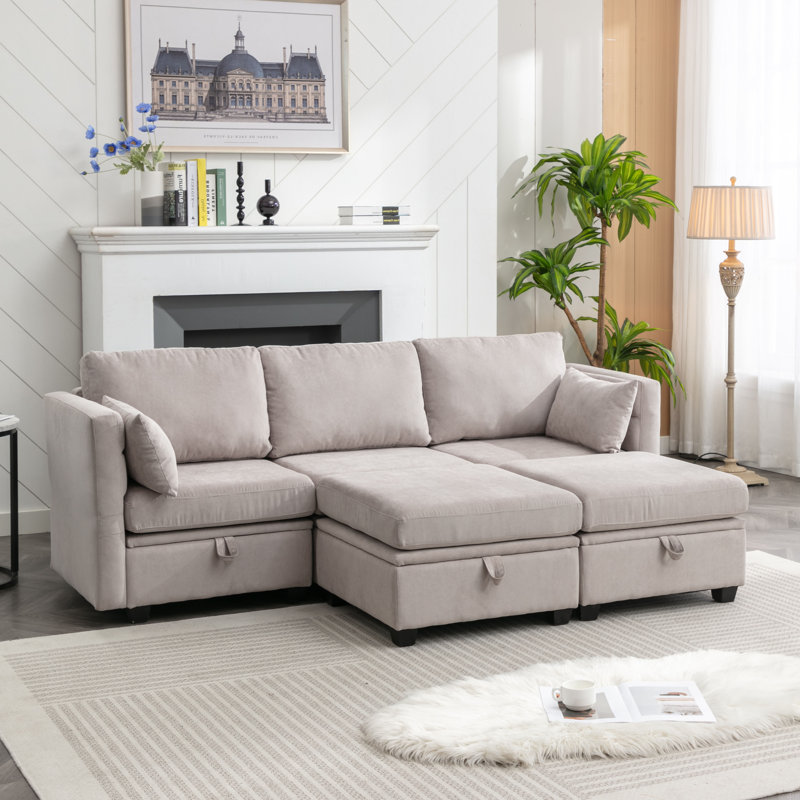 Toxi Modular Couch Sofa Storage Seats & Double Storage Ottomans, Light Gray Polyester
