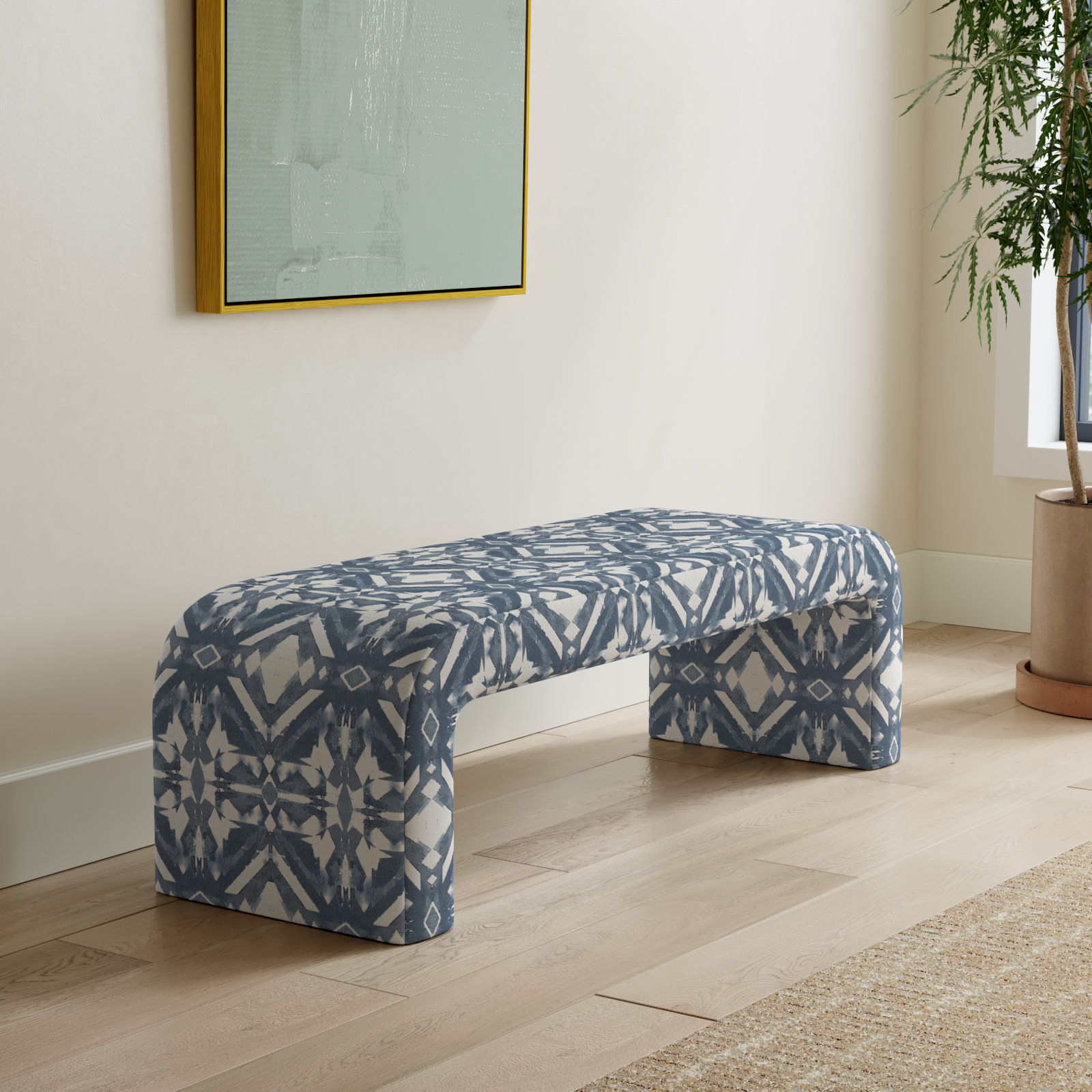 Barley 50" Bedroom Bench, Asha Blue Ikat