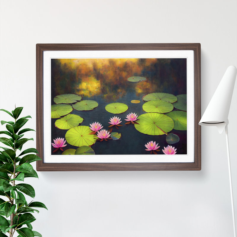 Delightful Water Lily Pond - Single Picture Frame Print, 46cm H x 64cm W x 2cm D, Walnut