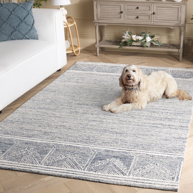 Laine de pin touffetée à la main 805 Coton Tapis géométrique en latex bleu / ivoire, Rectangle 5 pi x 8 pi