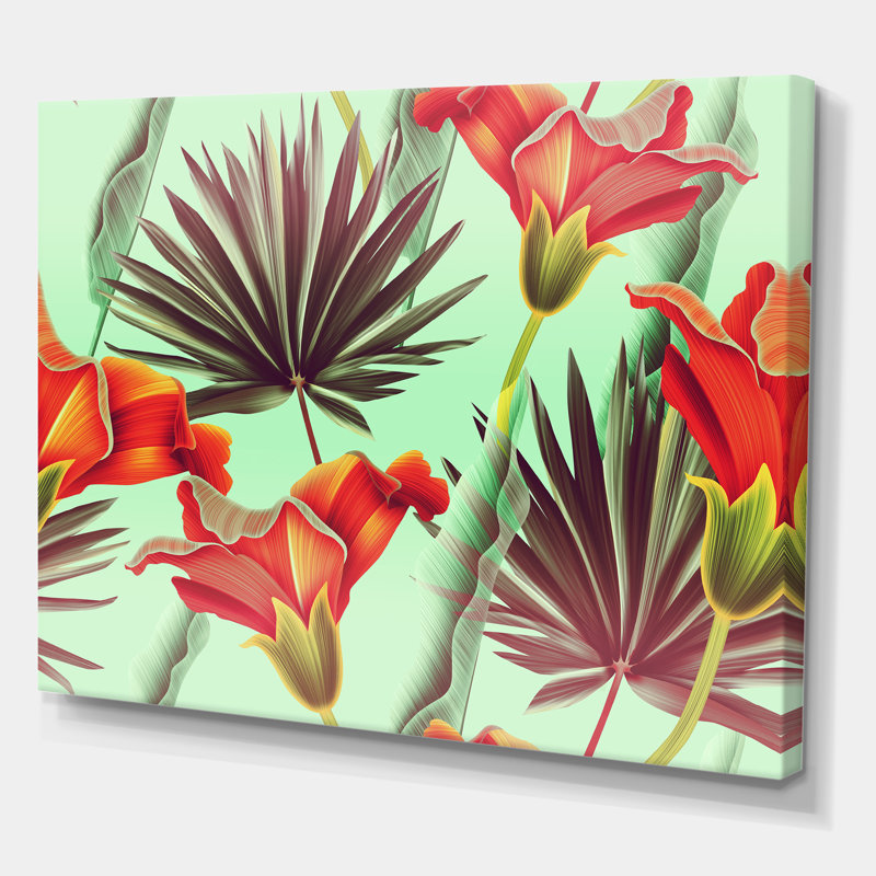Fleurs tropicales rétro - impression sur toile, Toile tendue, H 16 po x l 32 po x p 1 po