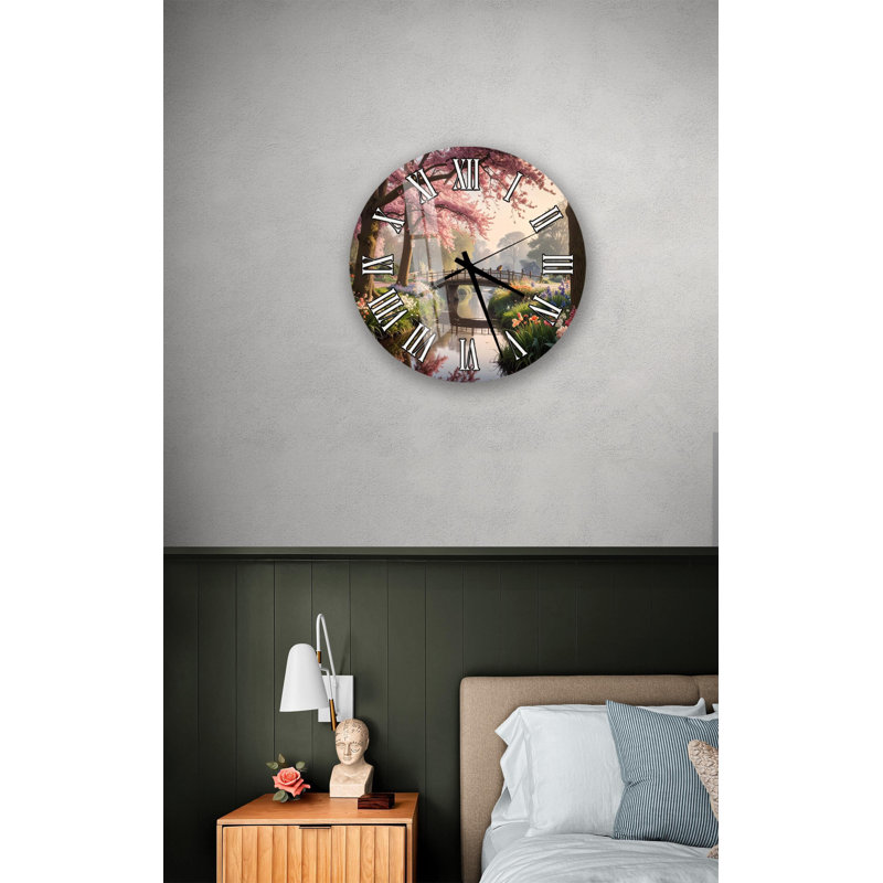 Horloge murale fleur de cerisier - art de printemps en verre trempé, paysage de rivière Sakura rose, chiffre romain, décoration de maison, cadeau de pendaison de crémaillère