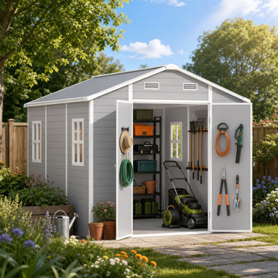Remise de rangement extérieure en résine avec plancher renforcé, porte verrouillable et évent, remise en plastique imperméable toutes saisons pour la cour