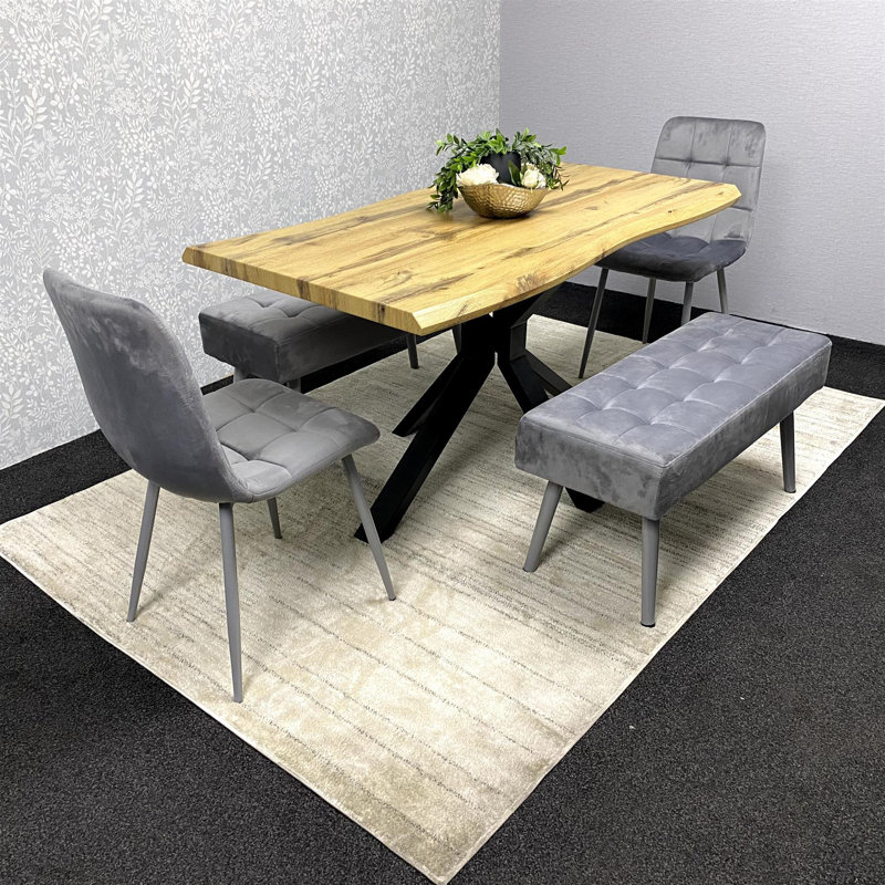 Wooden Brown Dining Table with 2 Velvet Chairs and 2 Grey Padded Benches, Dining Room Furniture, 75cm H x 117cm W x 77cm D
