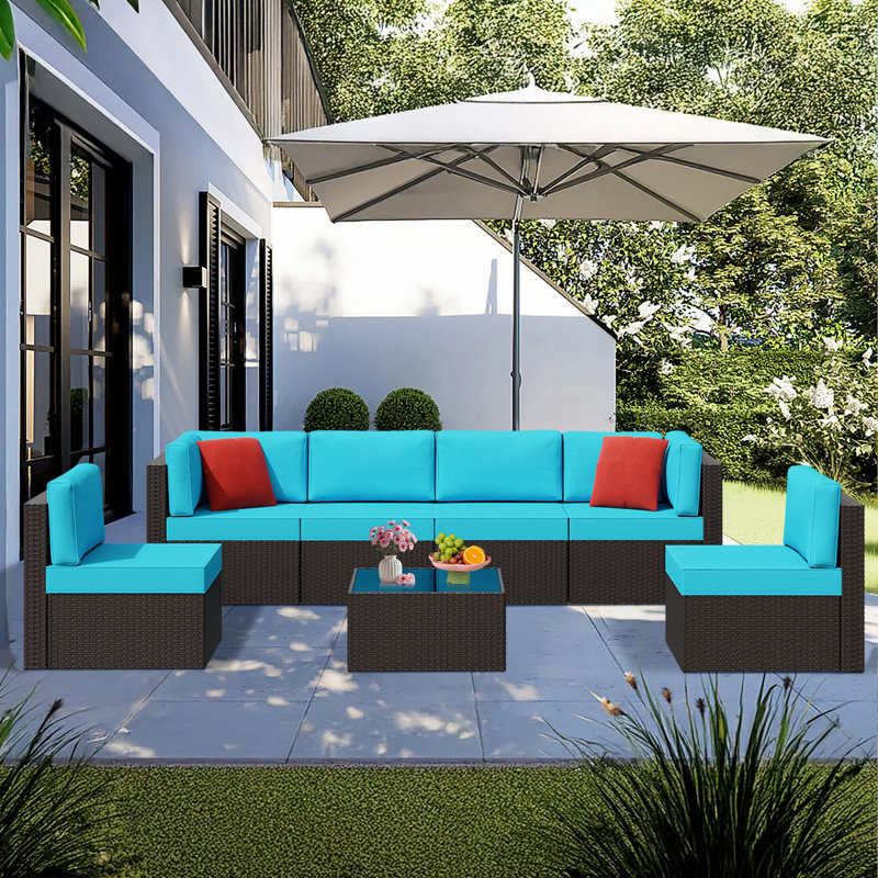 Ensemble de conversation modulaire en osier / rotin 7 pièces avec coussins Arleht, Bleu