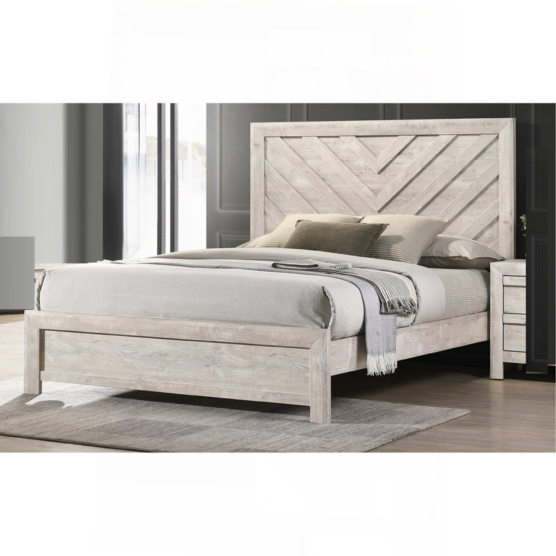 1Pc Bed Rustic Beige Grey Finish Wooden Bedroom Furniture Geometric Design Chevron Pattern, King