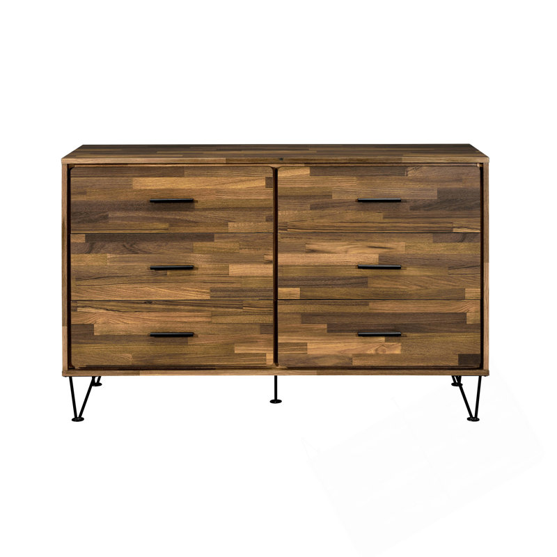Commode avec six tiroirs coulissants et une tête de lit à rangement intégrée pour les chambres à coucher modernes.