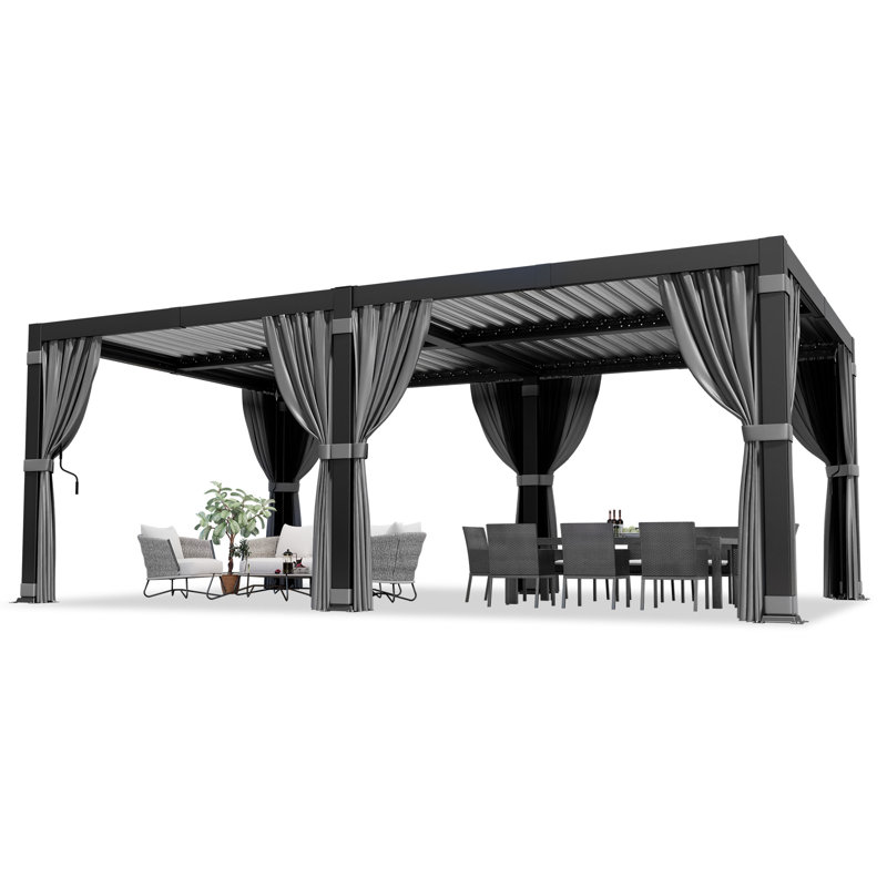 Aluminum Pergola with Adjustable Louvered Roof Waterproof Curtains and Nets, 20x12 FT