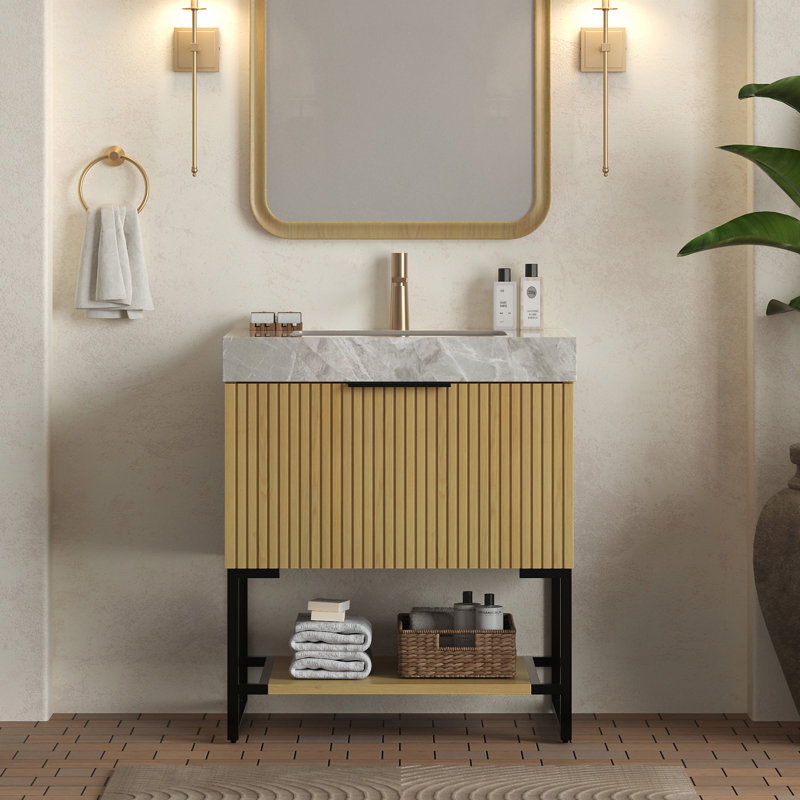 YOLAN 30" Bathroom Vanity&Sink, 30", Marble Grey, Light Oak