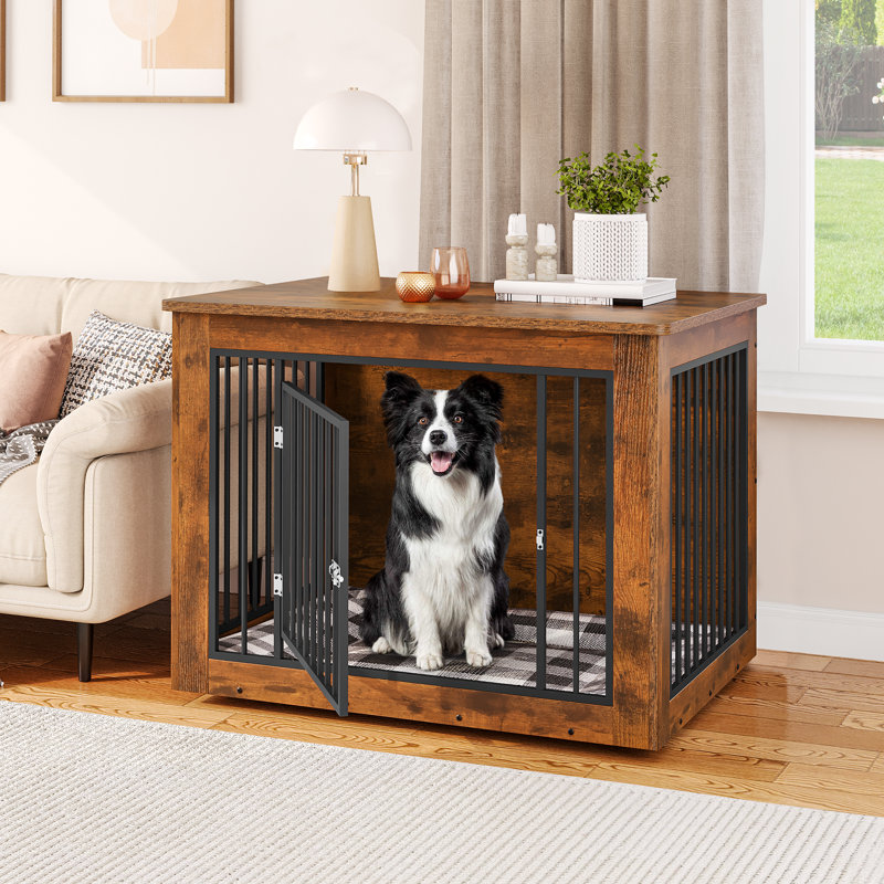 Wooden Dog Crate Furniture, Nightstand with Lock, Brown, 26.8" H x 38.2" W x 24" D