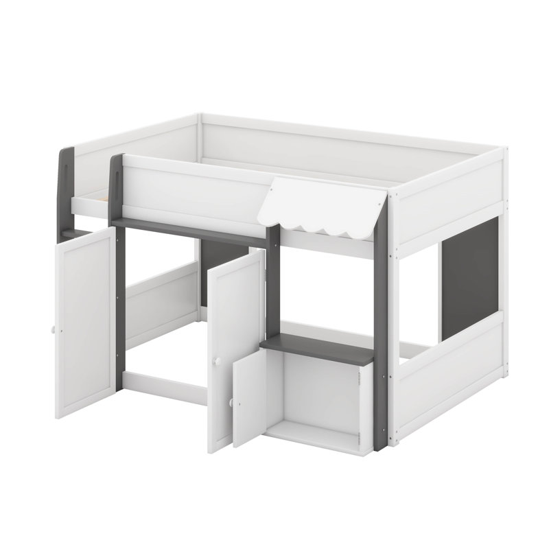 Lit mezzanine double avec rangement, porte et fenêtre, structure de lit en bois avec rangement, Blanc / gris