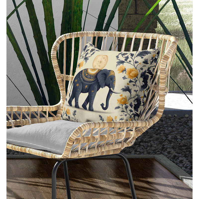 Coussin intérieur / extérieur Moonbeam Elephant, Carré 20 po, Jaune/gris