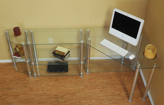 Corner Glass Top Metal Base Computer Desk