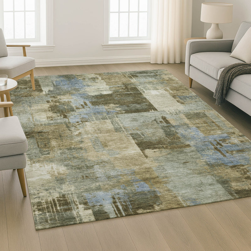 Tapis abstrait lavable à la machine de qualité supérieure Mayfield AMF2069, Vert, 3 pi x 5 pi