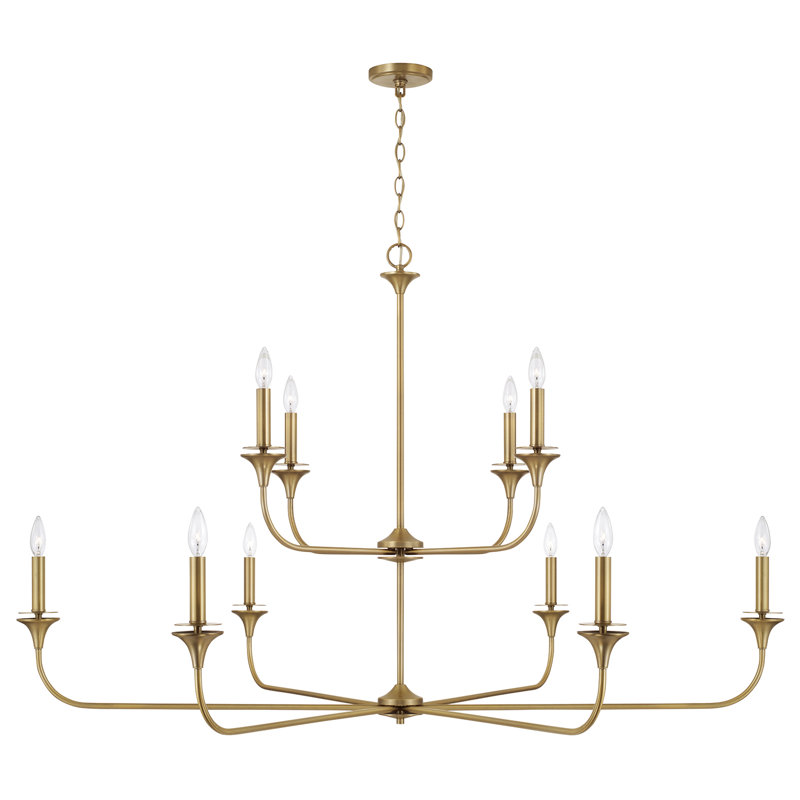 56" W x 35" H 10-Light Two-Tier Chandelier in Aged Brass with Flared Candlesticks